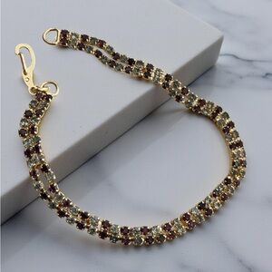 Gold Tone Double Row Tennis Bracelet Dark Burgundy Gray Clear Rhinestones Women